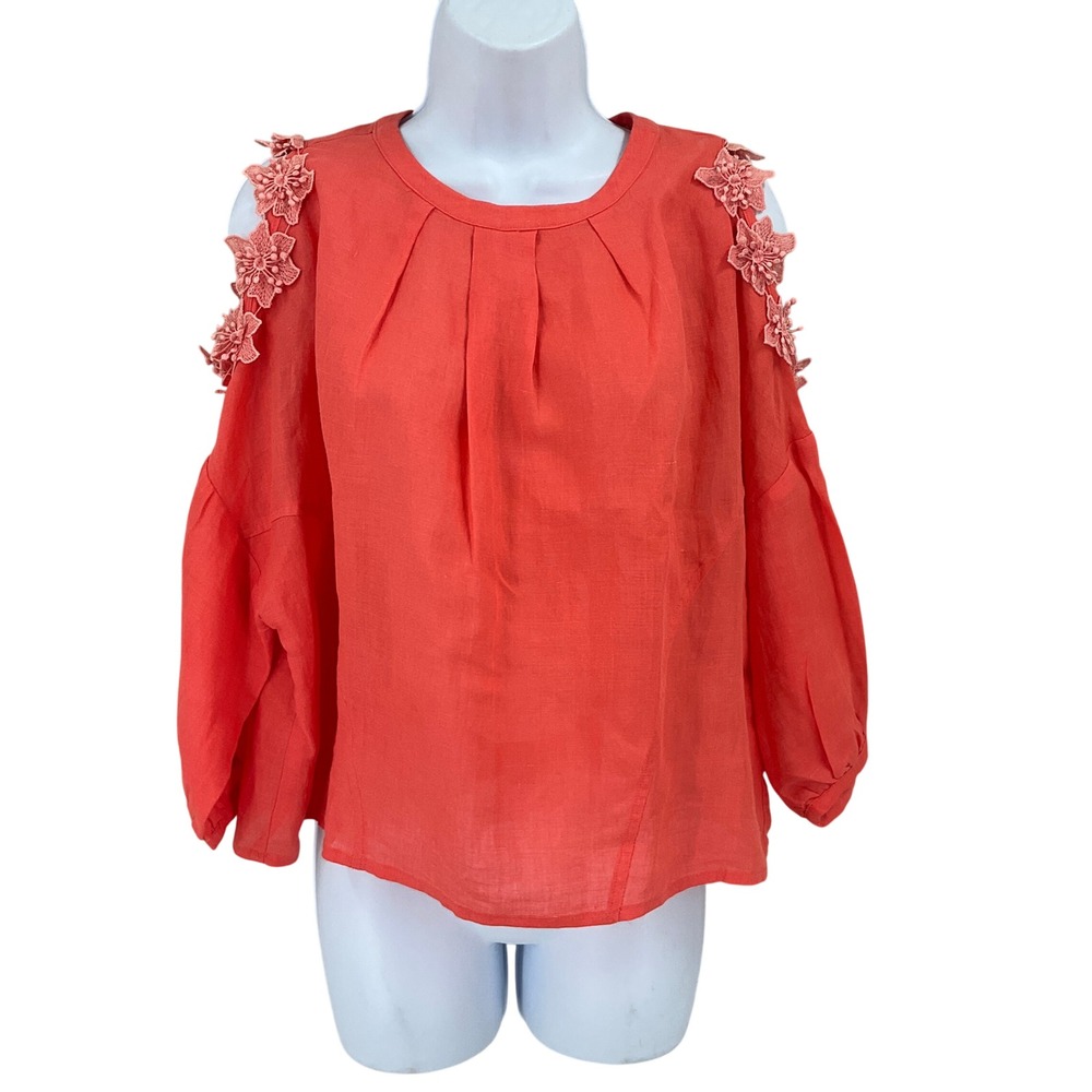 Eri + Ali Top Womens XS Coral Linen Cold Shoulder Floral Applique Anthropologie